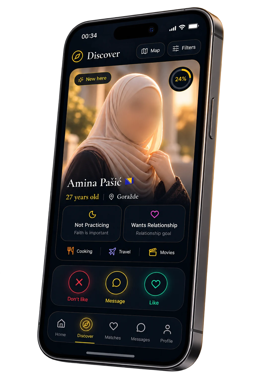 A Niyyah profile card: prayer, madhhab, marriage plans and compatibility score.